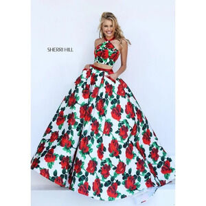 NEW Sherri Hill 50115 Two Piece Floral Formal Gown $650
